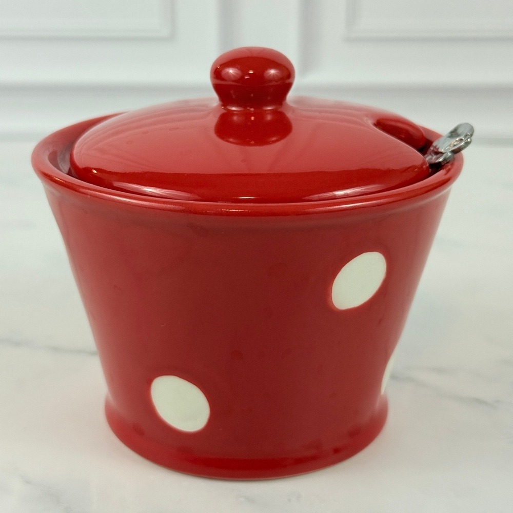 Sur La Table Red Polka Dot Lidded Sugar Dish w/Spoon 4" EUC!